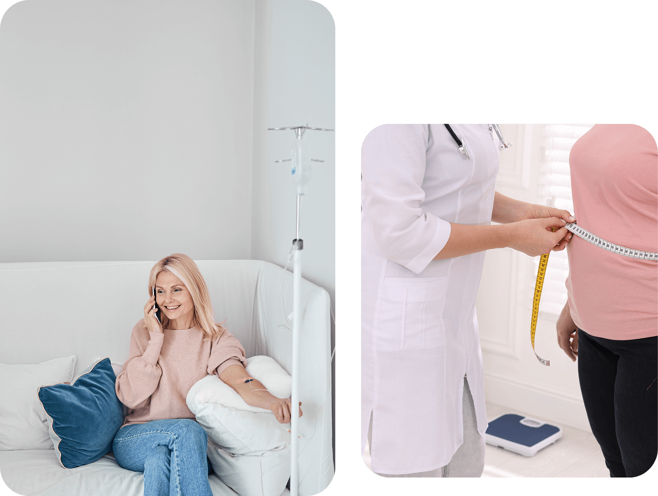 A woman is sitting on a sofa talking on the phone. Next to her, a person in medical attire measures another person's waist with a tape measure.