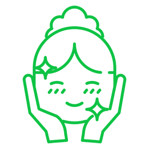 Line drawing of a smiling face with closed eyes, framed by two hands. Sparkles near the head suggest a feeling of delight or freshness. The color is neon green.