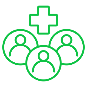 Three outlined user icons with a cross symbol above them, depicting a concept of adding or grouping people.