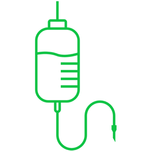Green outline of an IV drip with fluid, connected by a line to a needle.