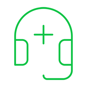 A simplistic green line drawing of a face wearing headphones, with a plus sign on the forehead.