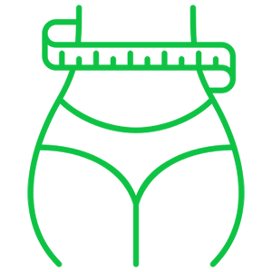 Outline of a female torso with a green measuring tape around the waist, symbolizing body measurement.