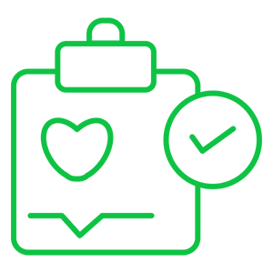 Green outline of a clipboard with a heart and check mark icon, symbolizing health or approval.