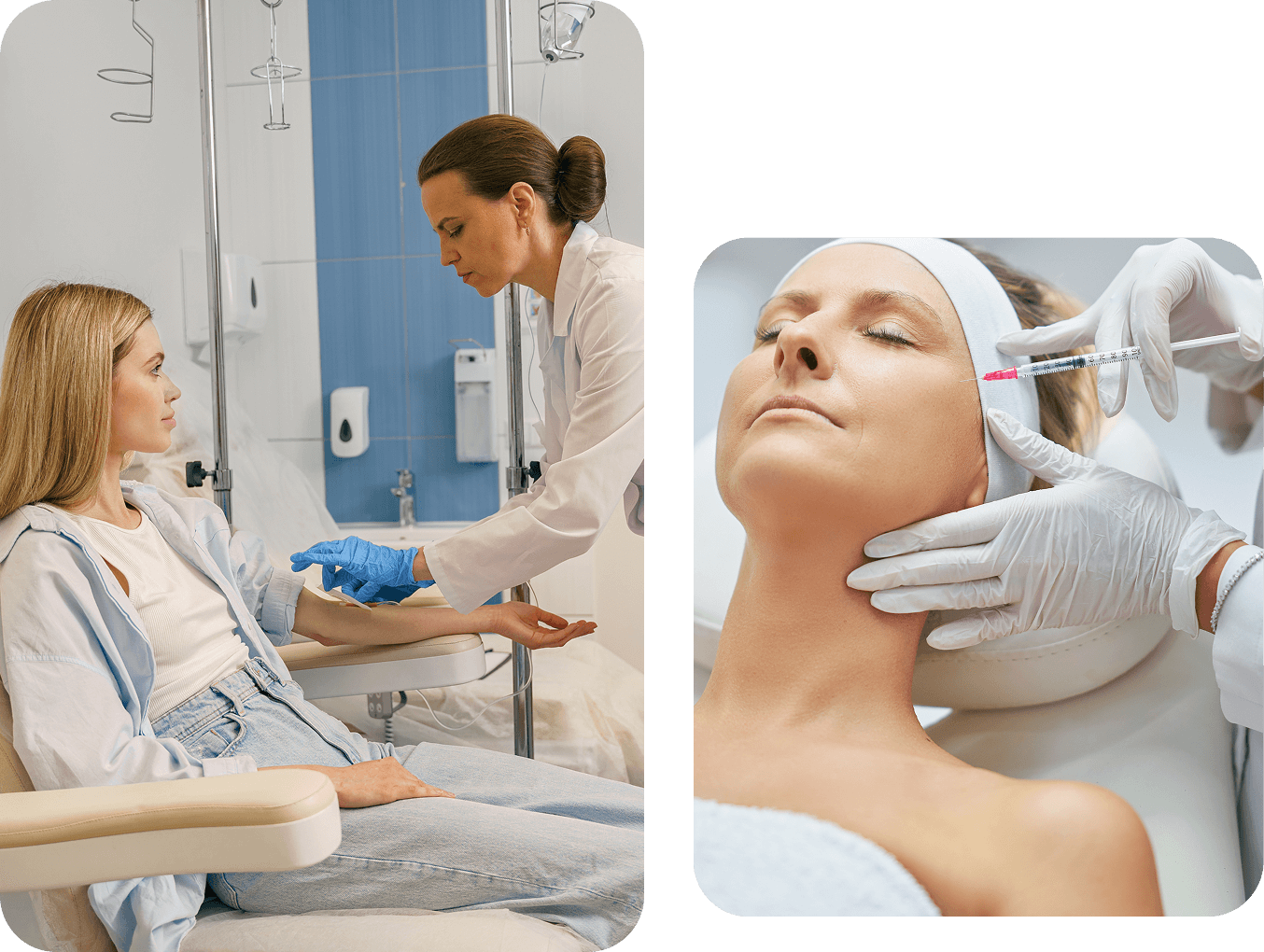 Left image: Healthcare professional prepares to draw blood from a seated woman. Right image: A woman receives a facial injection while lying down.