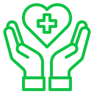 Two hands raised, palms up, with a heart containing a medical cross above them. The outline is green.