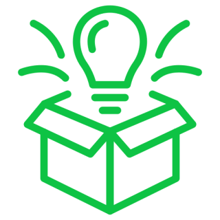 A light bulb emerging from an open box with lines indicating brightness, symbolizing an idea or innovation in a bright green outline on a transparent background.
