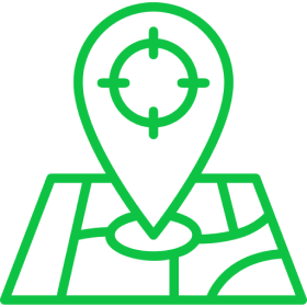 A green outline of a map with a large location pin and target symbol, indicating a specific point of interest.