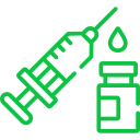 Green syringe and vial icon representing vaccination or medical injection.